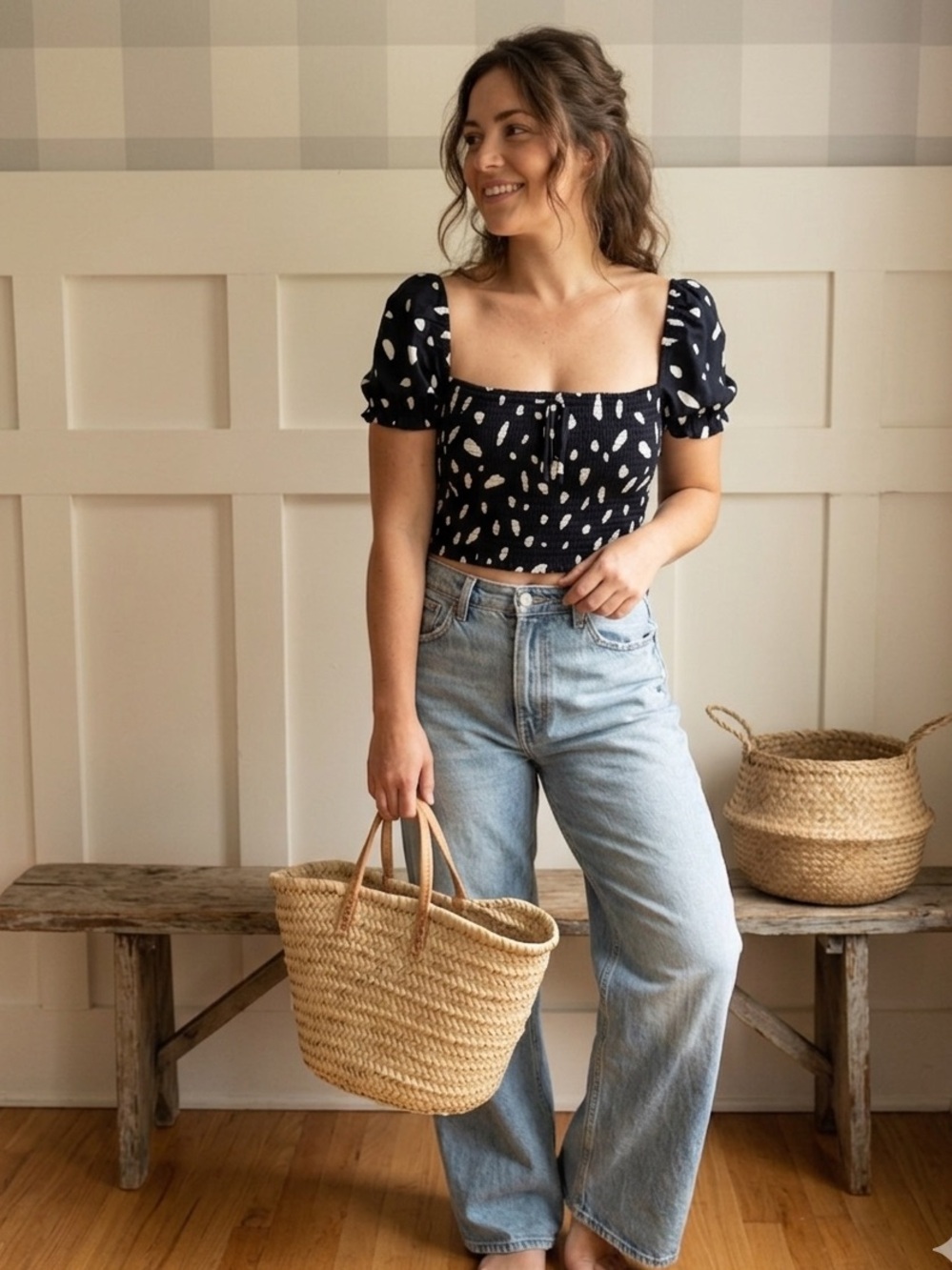 Wilfred Black Off-Shoulder Smocked Crop Top with White Polka Dots XXS